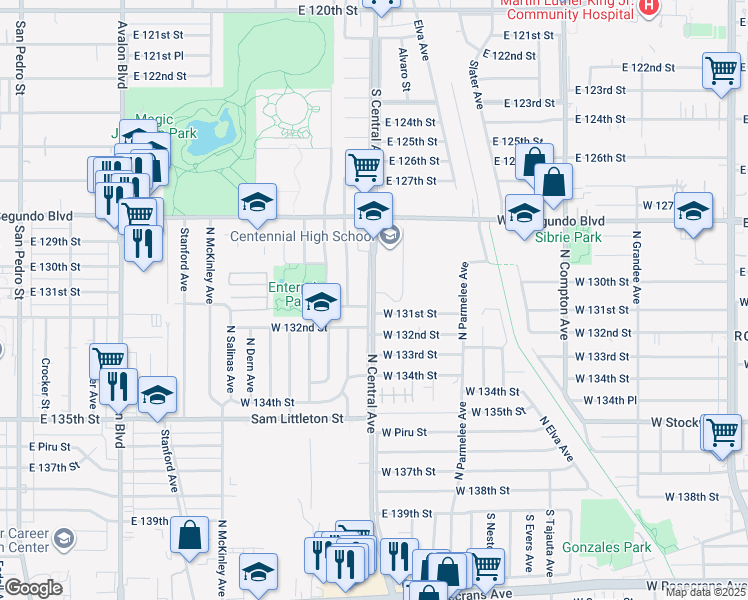 map of restaurants, bars, coffee shops, grocery stores, and more near 2606 Central Avenue in Compton