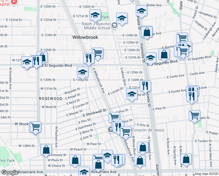 map of restaurants, bars, coffee shops, grocery stores, and more near 13113 South Largo Avenue in Compton