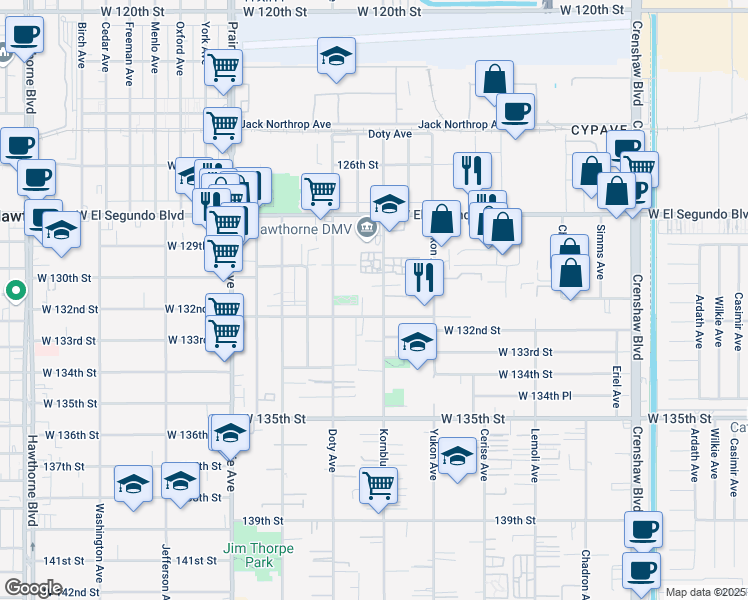 map of restaurants, bars, coffee shops, grocery stores, and more near in Hawthorne