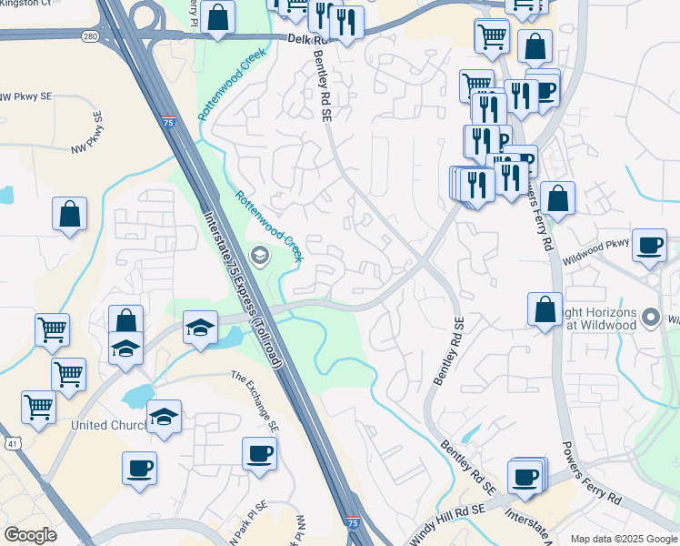 map of restaurants, bars, coffee shops, grocery stores, and more near 1619 Bridge Mill Drive in Marietta