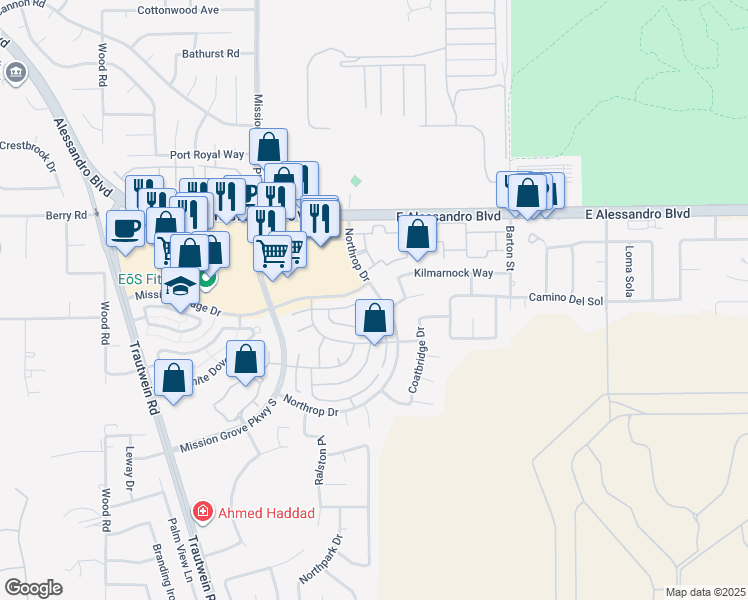 map of restaurants, bars, coffee shops, grocery stores, and more near 7606 Canberra Way in Riverside
