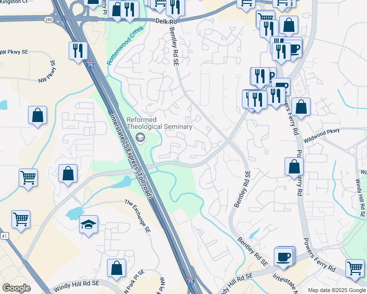 map of restaurants, bars, coffee shops, grocery stores, and more near 1619 Bridge Mill Drive in Marietta