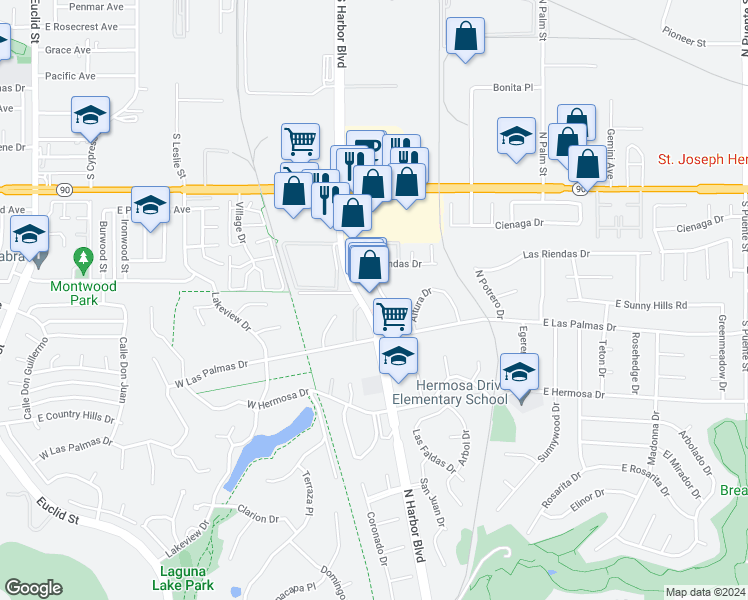 map of restaurants, bars, coffee shops, grocery stores, and more near 1472 South Harbor Boulevard in La Habra