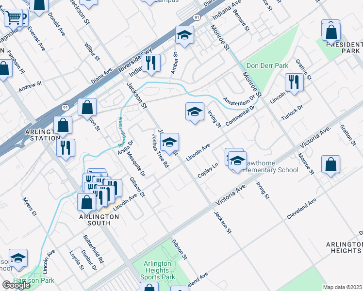 map of restaurants, bars, coffee shops, grocery stores, and more near 2951 Jackson Street in Riverside