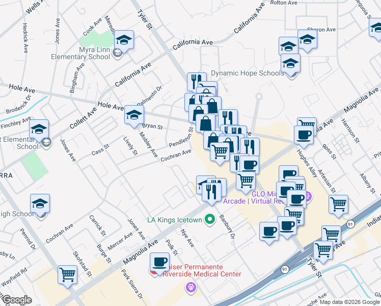 map of restaurants, bars, coffee shops, grocery stores, and more near 10362 Cochran Ave in Riverside