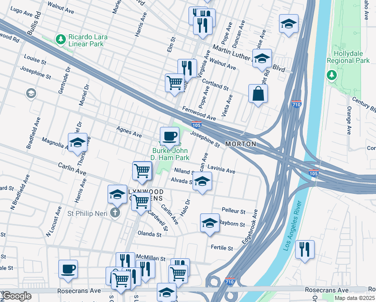 map of restaurants, bars, coffee shops, grocery stores, and more near 11835 Pope Avenue in Lynwood