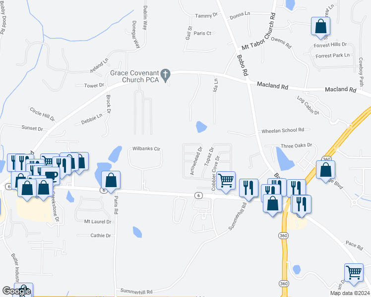 map of restaurants, bars, coffee shops, grocery stores, and more near 338 Arrowhead Drive in Dallas