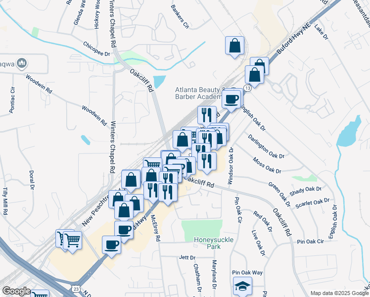 map of restaurants, bars, coffee shops, grocery stores, and more near 6529 New Peachtree Road in Doraville