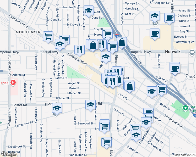 map of restaurants, bars, coffee shops, grocery stores, and more near 11660 Firestone Boulevard in Norwalk