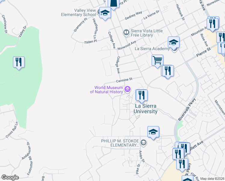 map of restaurants, bars, coffee shops, grocery stores, and more near 11768 Hazeldell Drive in Riverside