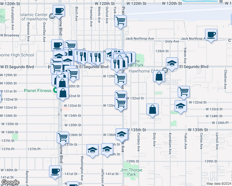 map of restaurants, bars, coffee shops, grocery stores, and more near 4035 West 132nd Street in Hawthorne