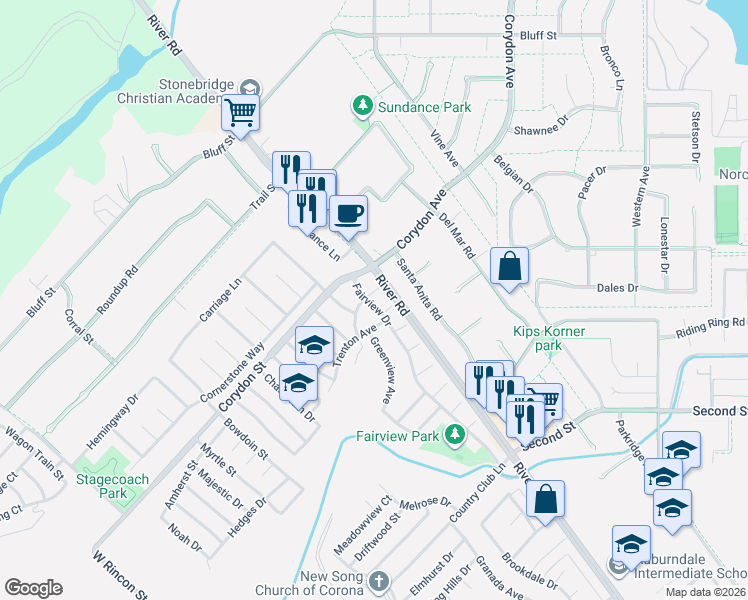 map of restaurants, bars, coffee shops, grocery stores, and more near 1309 Oxford Circle in Corona