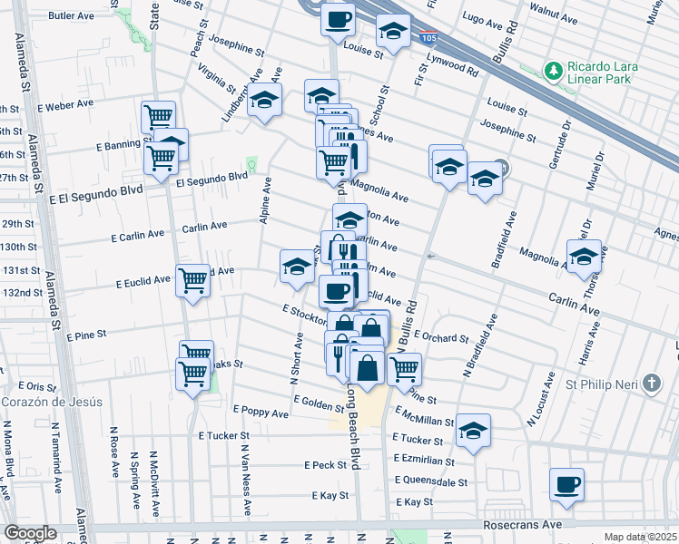 map of restaurants, bars, coffee shops, grocery stores, and more near 12509 Long Beach Boulevard in Lynwood