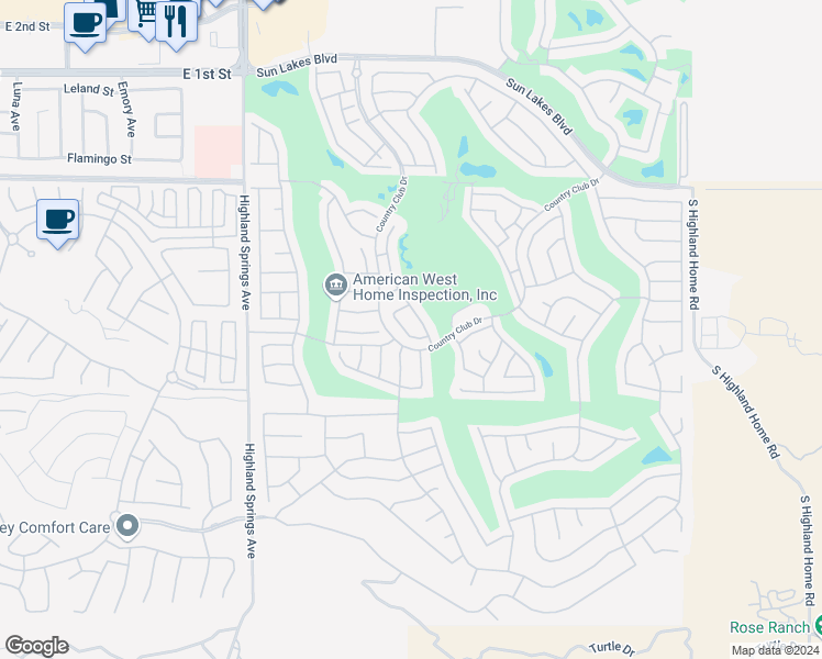 map of restaurants, bars, coffee shops, grocery stores, and more near 1328 Pleasant Valley Avenue in Banning