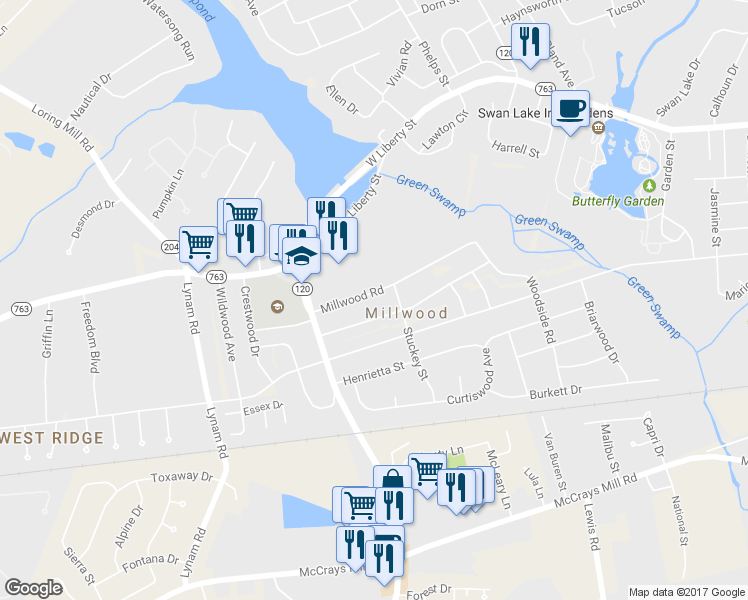 map of restaurants, bars, coffee shops, grocery stores, and more near 1912 Millwood Road in Sumter