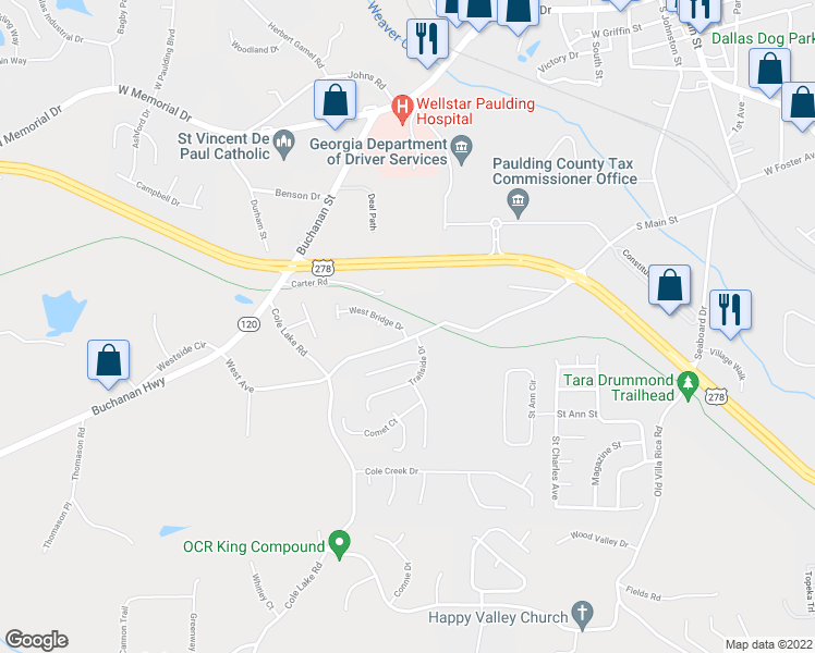 map of restaurants, bars, coffee shops, grocery stores, and more near 102 West Bridge Drive in Dallas