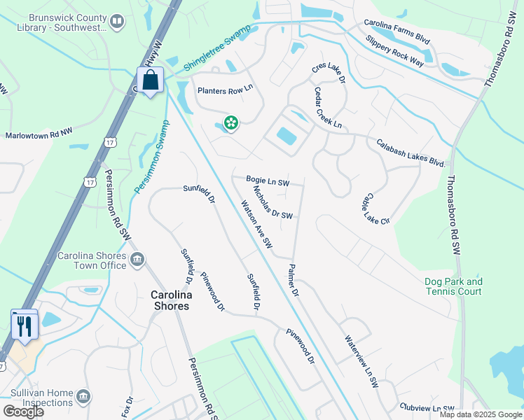 map of restaurants, bars, coffee shops, grocery stores, and more near 844 Nicholas Drive Southwest in Calabash