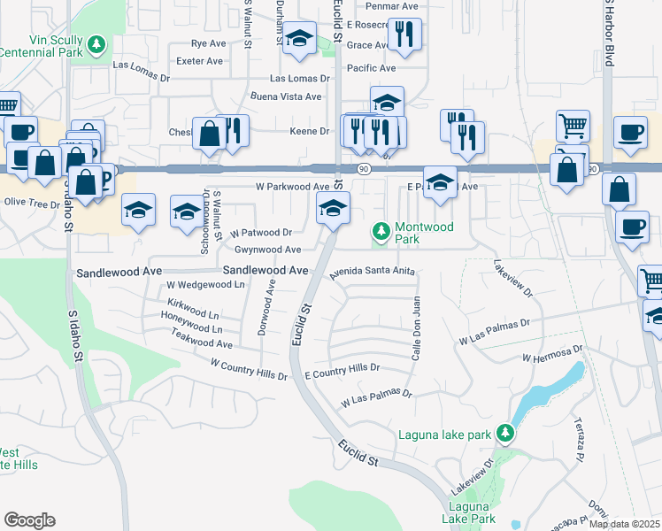 map of restaurants, bars, coffee shops, grocery stores, and more near 111 Avenida Santa Anita in La Habra