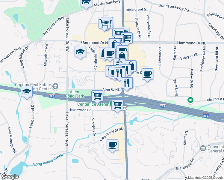 map of restaurants, bars, coffee shops, grocery stores, and more near 201a Allen Road Northeast in Sandy Springs