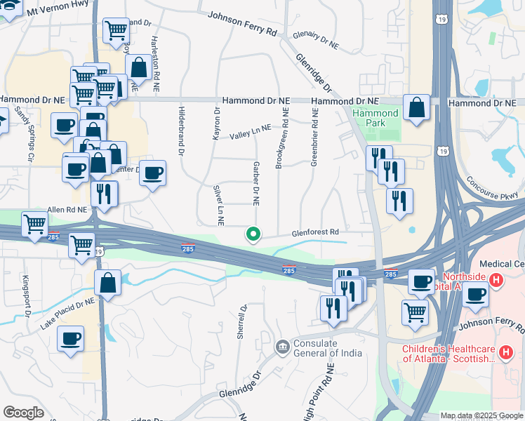 map of restaurants, bars, coffee shops, grocery stores, and more near 5805 Garber Drive Northeast in Atlanta
