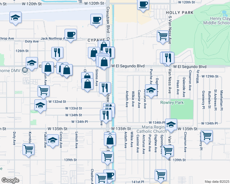 map of restaurants, bars, coffee shops, grocery stores, and more near 13100 Crenshaw Boulevard in Gardena