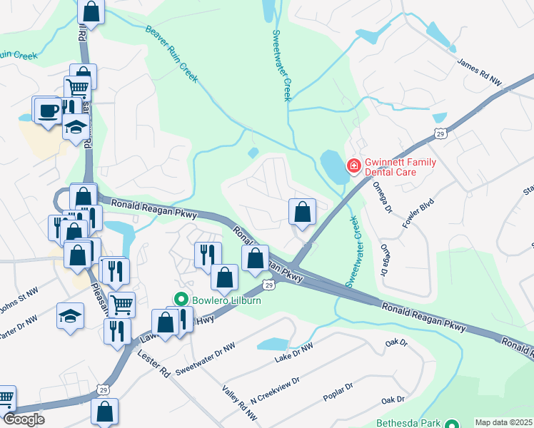 map of restaurants, bars, coffee shops, grocery stores, and more near 50 West Meadowlark Lane in Lawrenceville