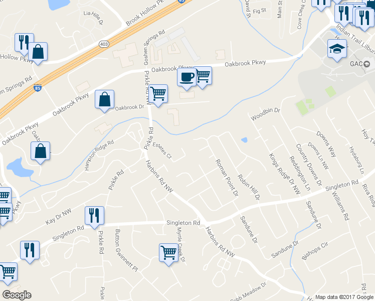 map of restaurants, bars, coffee shops, grocery stores, and more near 5524 Estates Court in Norcross