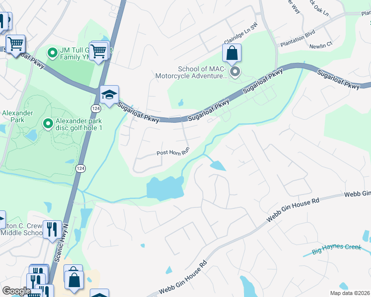 map of restaurants, bars, coffee shops, grocery stores, and more near 1061 Post Horn Run in Lawrenceville