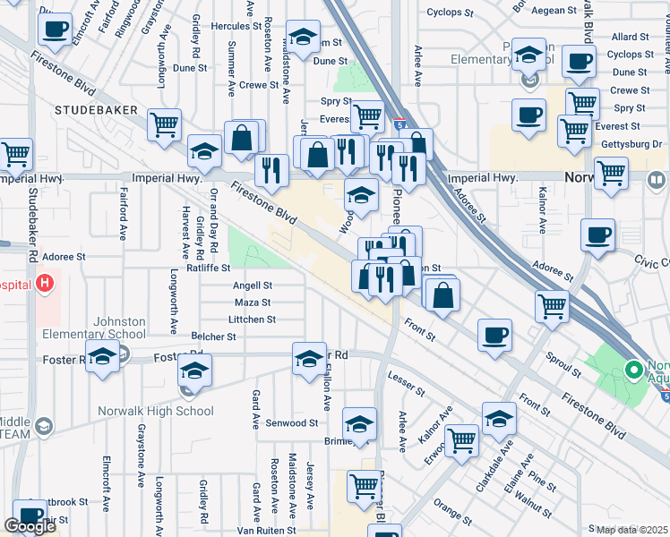 map of restaurants, bars, coffee shops, grocery stores, and more near 11660 Firestone Blvd in Norwalk