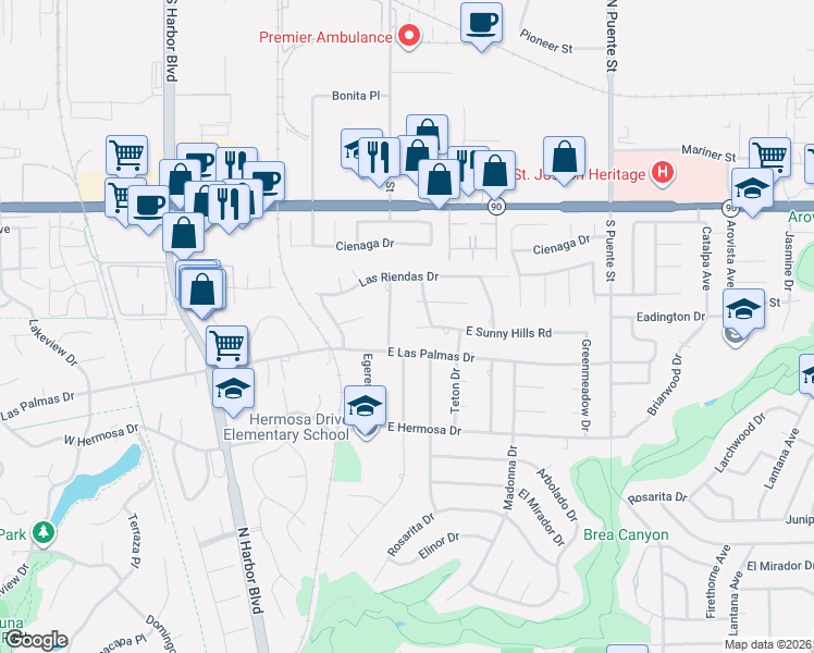 map of restaurants, bars, coffee shops, grocery stores, and more near 419 East Sunny Hills Road in Fullerton