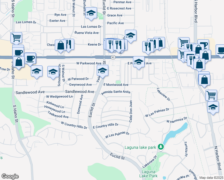 map of restaurants, bars, coffee shops, grocery stores, and more near 171 Avenida Santa Anita in La Habra