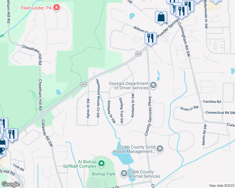 map of restaurants, bars, coffee shops, grocery stores, and more near 1136 McCormick Way Southwest in Marietta