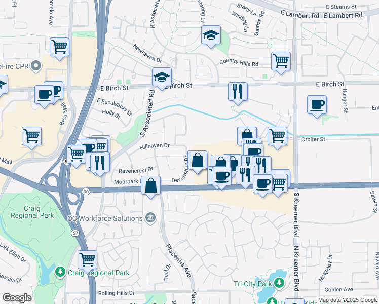 map of restaurants, bars, coffee shops, grocery stores, and more near 412 Devonshire Drive in Brea