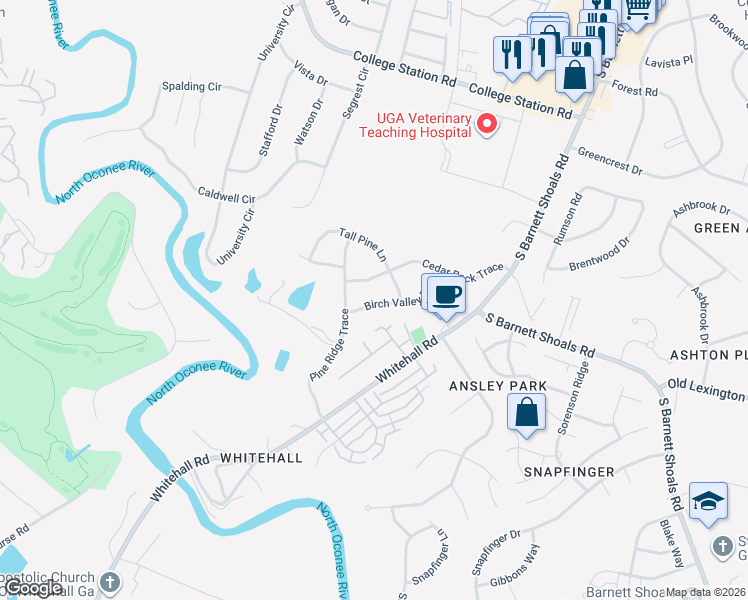 map of restaurants, bars, coffee shops, grocery stores, and more near 270 Birch Valley Drive in Athens