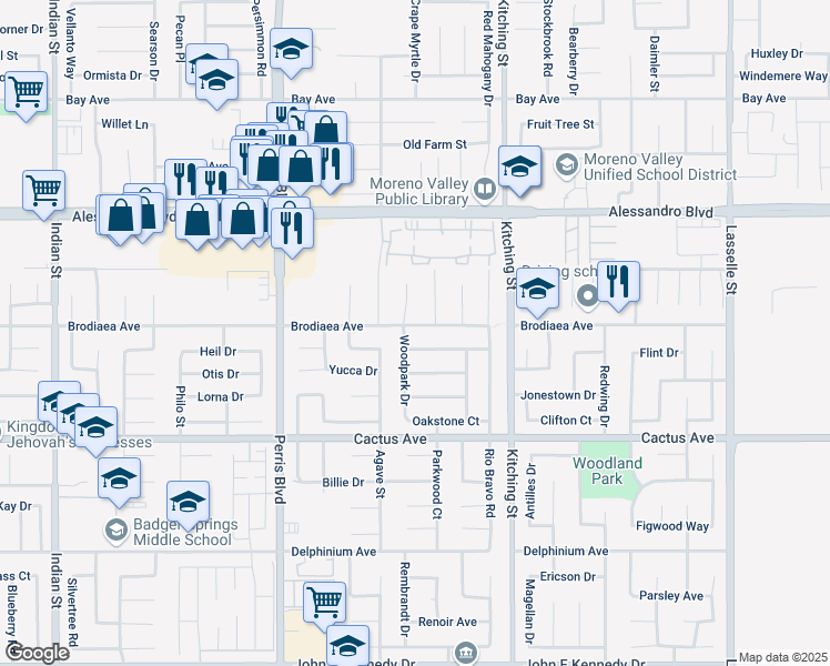 map of restaurants, bars, coffee shops, grocery stores, and more near 25273 Brodiaea Avenue in Moreno Valley