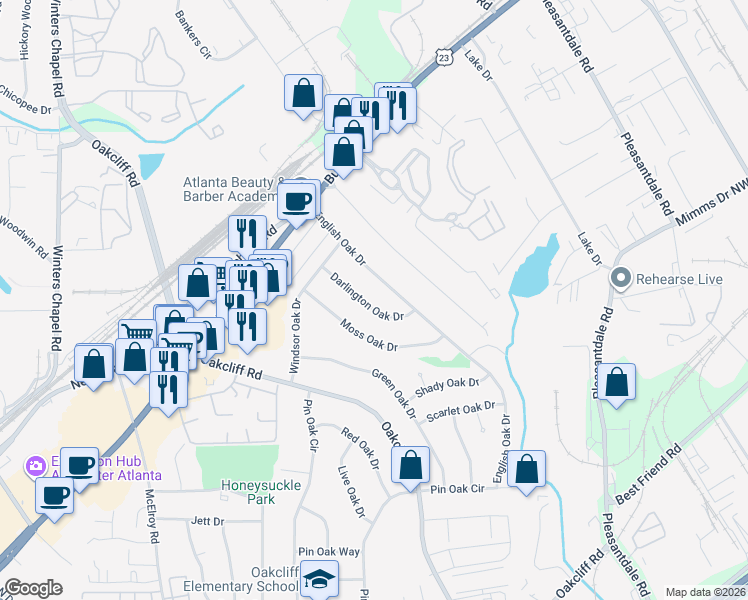 map of restaurants, bars, coffee shops, grocery stores, and more near 3194 Darlington Oak Drive in Doraville