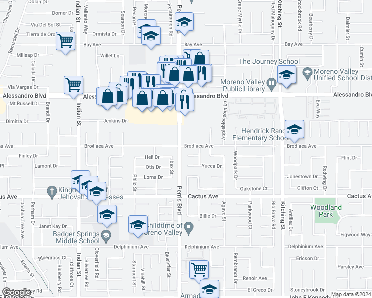 map of restaurants, bars, coffee shops, grocery stores, and more near 25035 Brodiaea Avenue in Moreno Valley