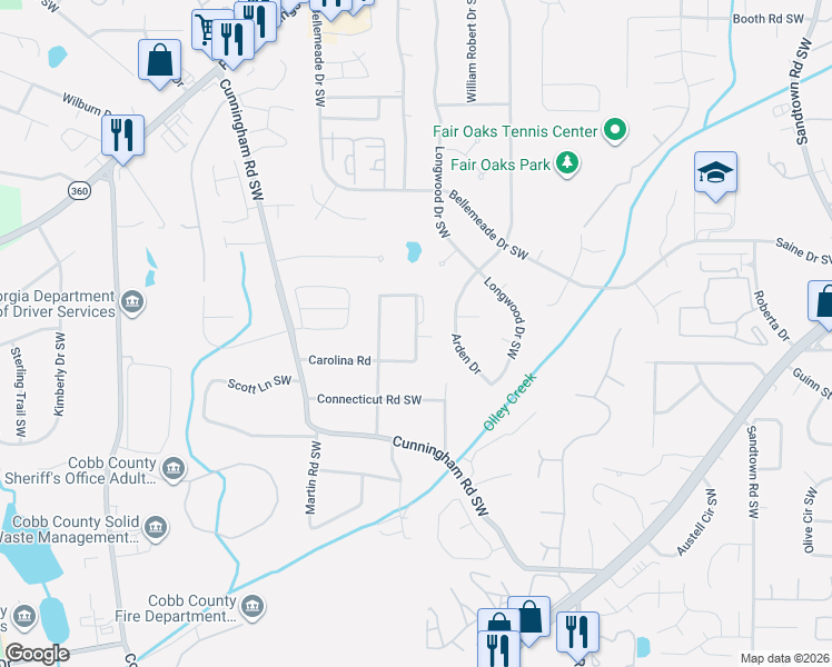 map of restaurants, bars, coffee shops, grocery stores, and more near Massachusetts Street Southwest in Marietta