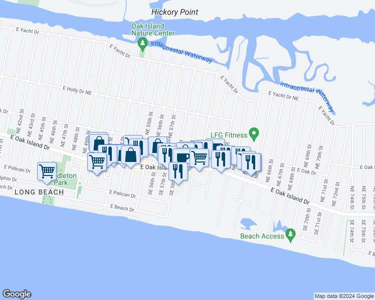 map of restaurants, bars, coffee shops, grocery stores, and more near 109 Northeast 59th Street in Oak Island