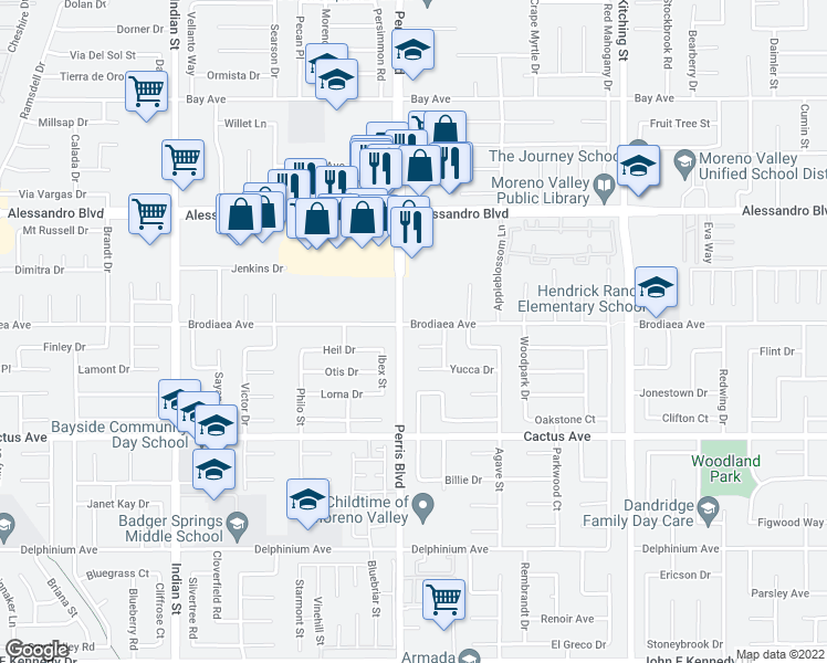 map of restaurants, bars, coffee shops, grocery stores, and more near 25035 Brodiaea Avenue in Moreno Valley