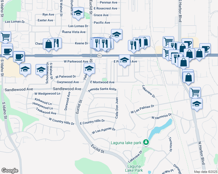 map of restaurants, bars, coffee shops, grocery stores, and more near 261 Avenida Santa Anita in La Habra