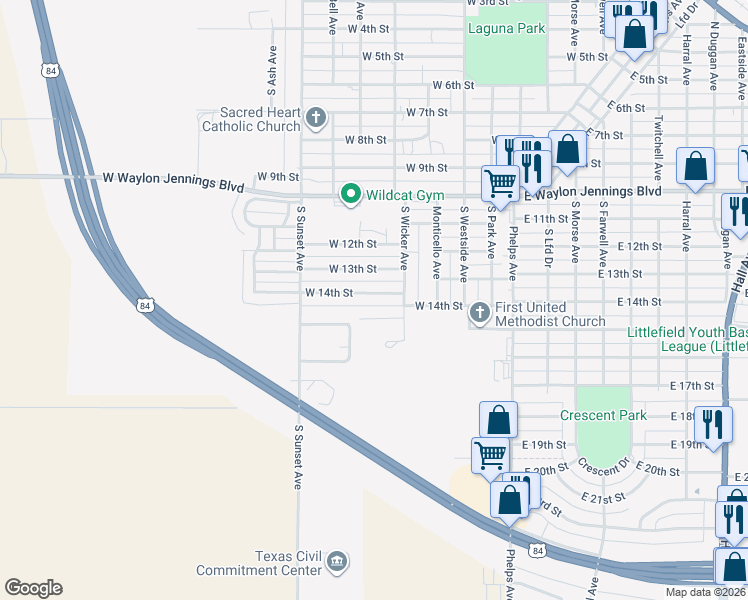 map of restaurants, bars, coffee shops, grocery stores, and more near 1208 W 14th St in Littlefield