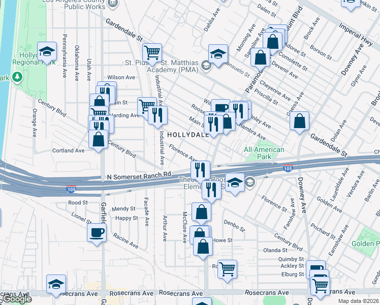 map of restaurants, bars, coffee shops, grocery stores, and more near 6142 Lincoln Avenue in South Gate