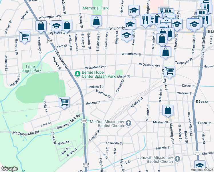 map of restaurants, bars, coffee shops, grocery stores, and more near 313 South Salem Avenue in Sumter