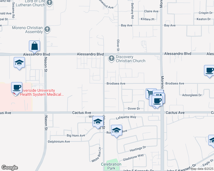 map of restaurants, bars, coffee shops, grocery stores, and more near 14270 Oliver Street in Moreno Valley