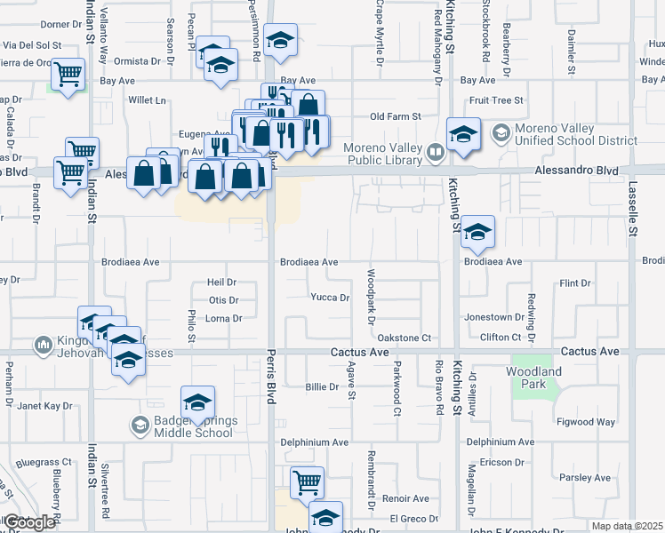 map of restaurants, bars, coffee shops, grocery stores, and more near 25155 Brodiaea Avenue in Moreno Valley