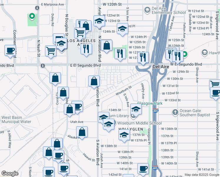 map of restaurants, bars, coffee shops, grocery stores, and more near 5531 Palm Drive in Hawthorne