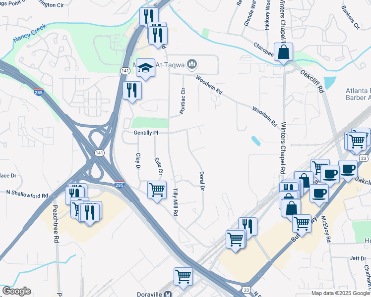 map of restaurants, bars, coffee shops, grocery stores, and more near 4104 Doral Drive in Doraville