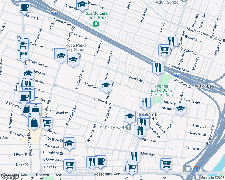 map of restaurants, bars, coffee shops, grocery stores, and more near 12204 Thorson Avenue in Lynwood