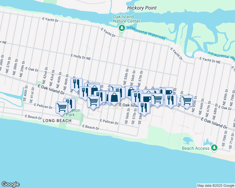 map of restaurants, bars, coffee shops, grocery stores, and more near 108 NE 54th St in Oak Island